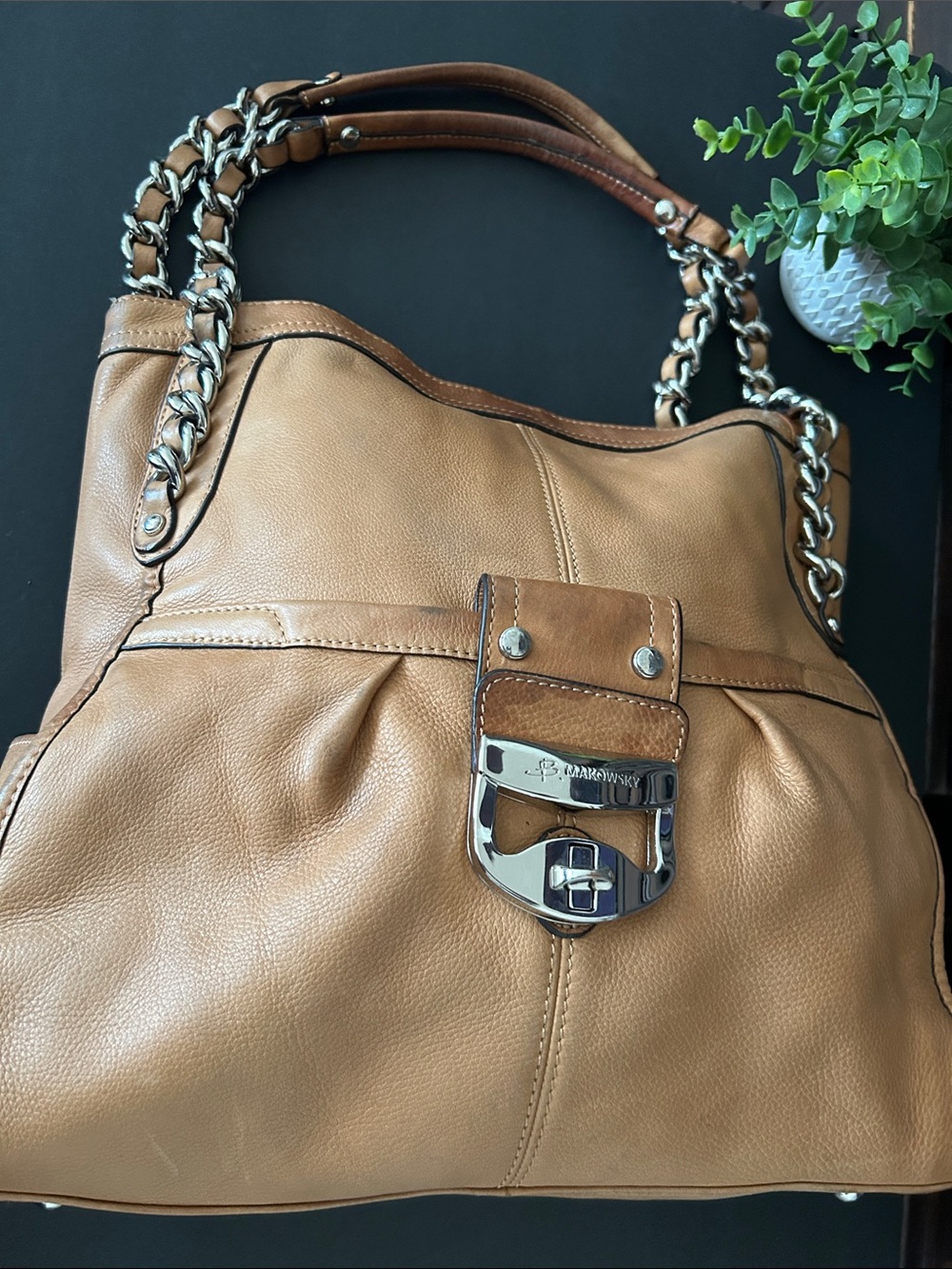 b. makowsky Tan Leather Chain-Accent Shoulder Bag - Picture 11 of 17